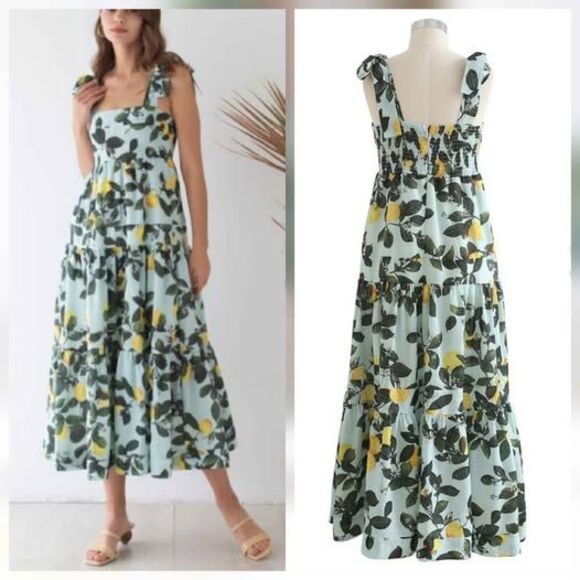 Chicwish Minty Lemon Printed Tie-Strap Maxi Dress - Picture 1 of 7